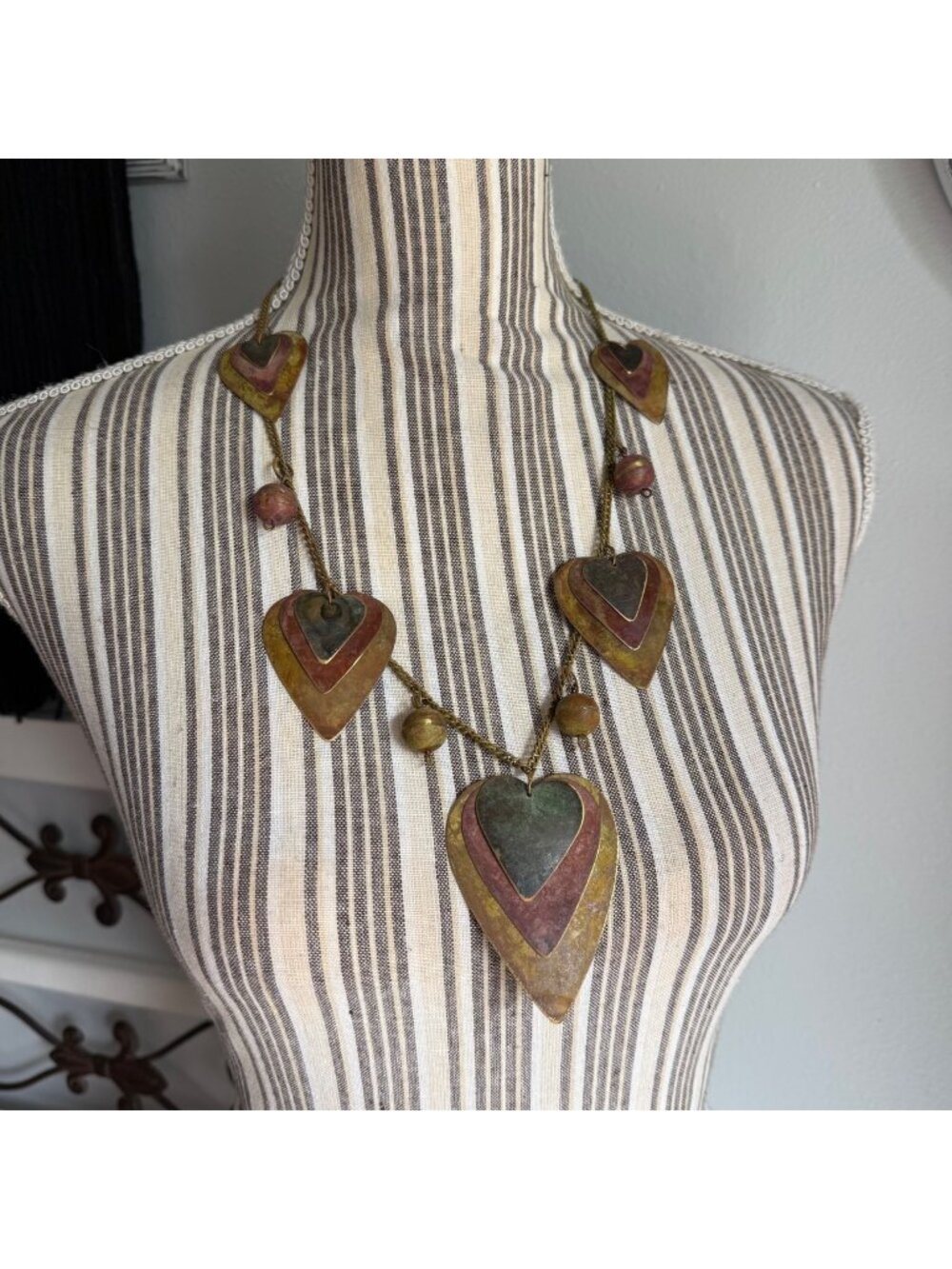 Vtg Bohemian Mixed Metal Heart Necklace Layered Copper Alloy Hearts & Beads